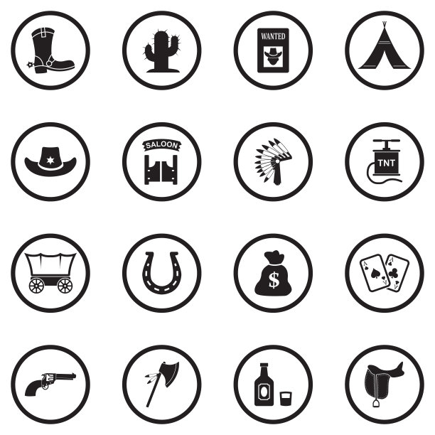 狂野西部的图标。黑色平面圆形设计。矢量插图。图片下载
