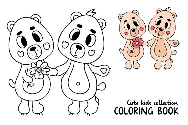 可爱的一对彩绘熊。矢量插图。轮廓和色彩绘制为儿童收集动物着色页，设计，装饰，情人卡，印刷。图片下载