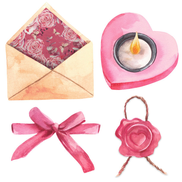 浪漫的布景孤立在白色的背景上。水彩插图。图片下载