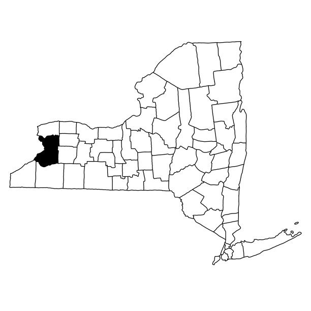 白色背景的纽约州伊利县地图。纽约地图上的单个县用黑色突出显示。图片下载