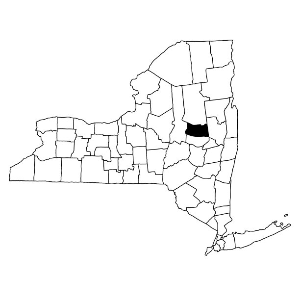 纽约州富尔顿县地图，白色背景。纽约地图上的单个县用黑色突出显示。图片下载