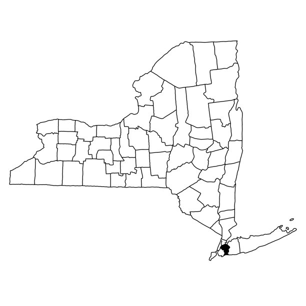 纽约州皇后区地图，白色背景。纽约地图上的单个县用黑色突出显示。图片下载
