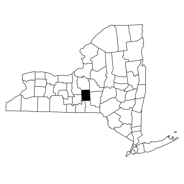 白色背景的纽约州科特兰县地图。纽约地图上的单个县用黑色突出显示。图片下载