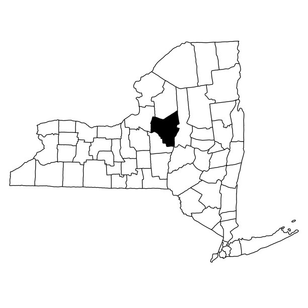白色背景的纽约州奥奈达县地图。纽约地图上的单个县用黑色突出显示。图片下载