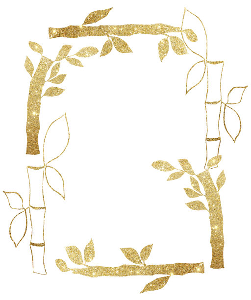 竹制框架，手绘金叶组成，水彩边界插图与花卉。名片模板图片下载