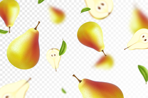 成熟的梨背景。飞行多汁的梨孤立在透明的背景。模糊的效果。可用于墙纸、横幅、海报、印花、织物、包装纸。逼真的三维矢量插图图片下载