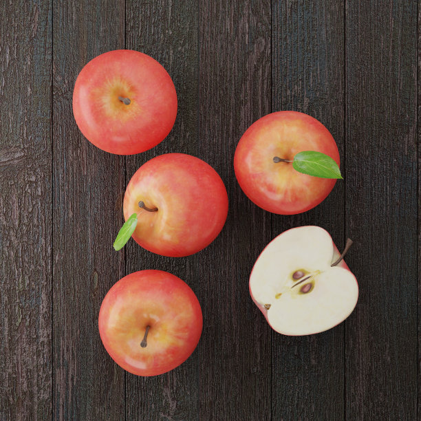 3D渲染接近整个苹果和半个苹果在老木头计划图片下载