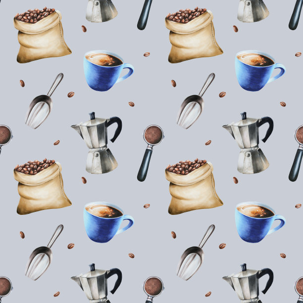 水彩无缝模式与咖啡制作工具。手绘在孤立的背景。为设计师，菜单，商店，酒吧，小酒馆，餐厅，明信片，包装纸，封面。海报及纺织品图片下载