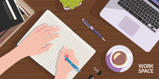 有一个人写作的工作空间，桌子上有书籍、笔记本电脑、装饰性植物和咖啡杯图片下载