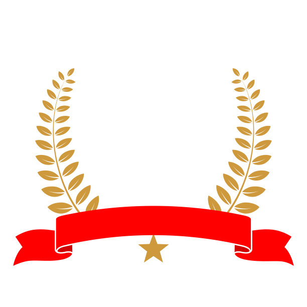 黄色月桂花环与星和红丝带图标矢量插图。获奖者奖品与叶片剪影，奖杯，金证书或生日祝贺仪式隔离在白色图片下载