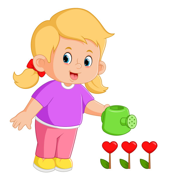 可爱的女孩正在浇红色的心形植物图片下载