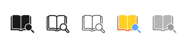 书与放大镜设置图标。听，音量，搜索，书签，笔记，复选框，标记，勾选，选择，网站，在线。技术的概念。矢量五个图标在不同的风格上的白色背景图片下载