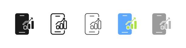 电话与图表设置图标。图表，统计，信息图，条形图，饼形图，图表，下降，增长，箭头，数据分析。经营理念。矢量五个图标在不同的风格上的白色背景图片下载