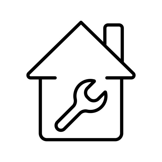 房子和扳手线图标。建造，建筑，建筑，工程，项目，固定，修理，工程师，建造者，服务，轮胎配件。技术的概念。白色背景上的矢量线图标图片下载