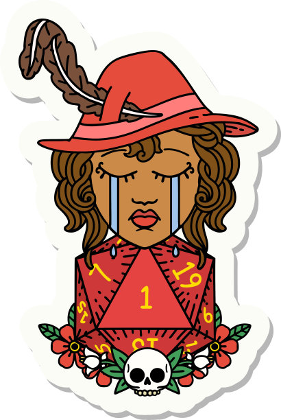 一个哭泣的人类吟游诗人的贴纸与自然一个D20骰子滚动图片下载