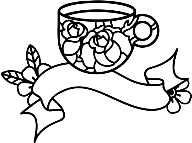 传统的黑色线条纹身与旗帜的杯子和鲜花图片下载