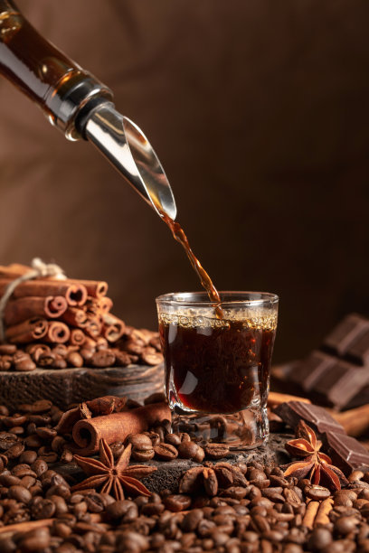 咖啡酒从瓶子里倒进杯子里。图片下载