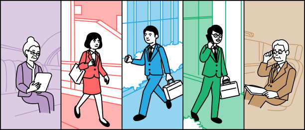 商务场景:男女5人。矢量插图。图片下载