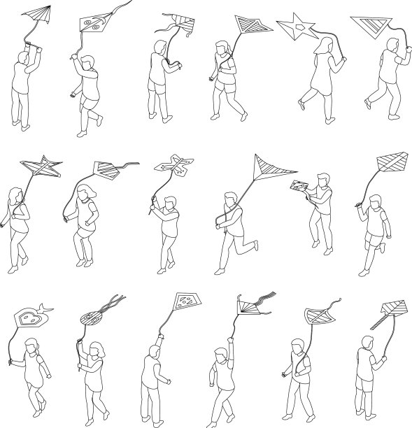 孩子们玩风筝图标设定轮廓图片下载