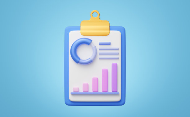 3D剪贴板与增长条图形，甜甜圈或饼图浮动在蓝色背景。在文件上书写。SEO网络分析。商业卡通图标极简风格。带有剪切路径的3d渲染。图片下载
