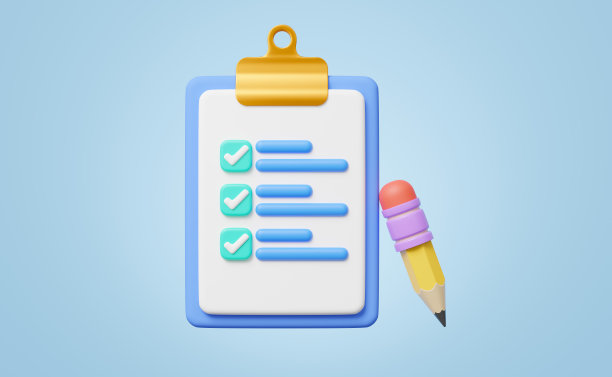 3d检查表和铅笔在蓝色背景。确认或批准的文件图标。米色剪贴板与纸检查标记符号。卡通图标极简风格。带有剪切路径的3d渲染。图片下载