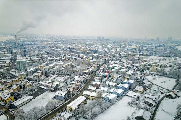Aerial view over snow covered north part City of Zürich with skyline and gray cloudy winter sky on a snowy late autumn day.图片下载