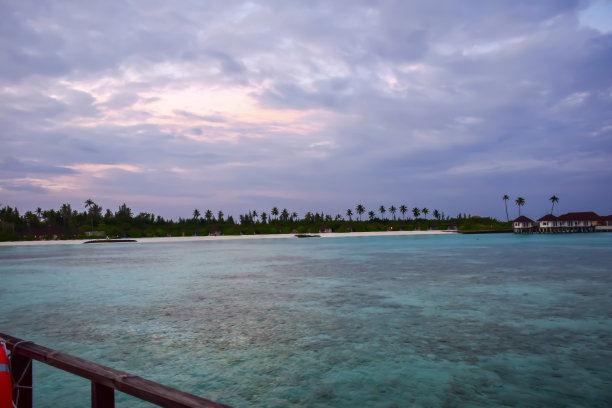 马尔代夫岛的景观。水，沙子和绿色植物。郁郁葱葱，热带，植被，棕榈树和灌木丛海岸线与沙滩。木栈桥。通往私人别墅的走道甲板。漂浮的房子图片下载