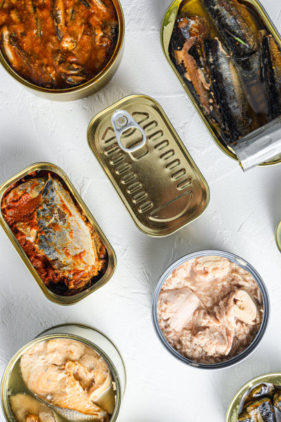 罐头内装有不同的保存鱼类和保存海鲜，打开和关闭的罐头内装有绍里鱼、鲭鱼、鲱鱼、沙丁鱼、沙丁鱼、鱿鱼、金枪鱼，覆盖白石表面俯视图垂直。图片下载