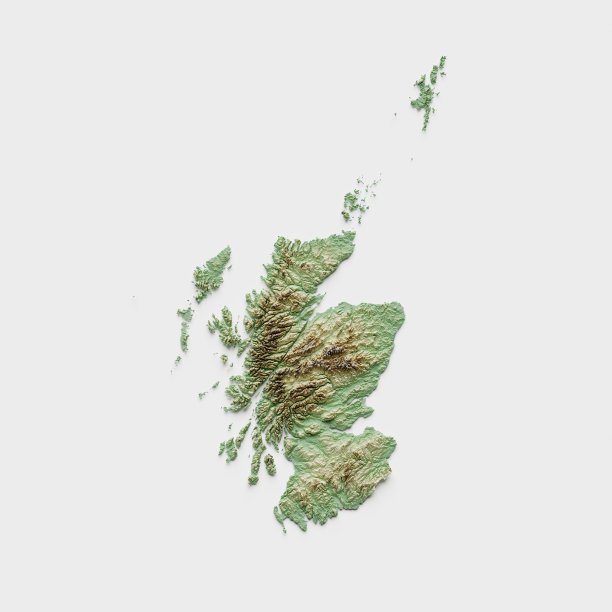 苏格兰地形救济地图- 3D渲染图片下载