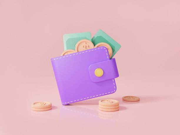 钱包与硬币和纸币在粉红色的背景。网上支付，银行，理财投资，货币钱包，数字钱包，商务，返现。省钱的概念。三维效果图图片下载