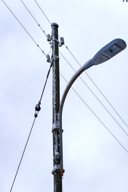Close-up of snow covered landscape with rural road and wooden power line pole at City of Zürich on a snowy winter day.图片下载