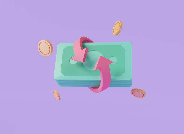 现金返还图标孤立在紫色背景上。网上支付，储蓄，转账，无现金，硬币，美钞，纸币，金融，投资。3d图标渲染插图。卡通最小图片下载