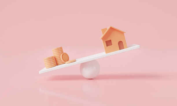 有硬币的跷跷板在房子下面。经营房地产抵押贷款和金融贷款概念。金融发展。住宅物业投资。房子抵押贷款。三维图标渲染图图片下载