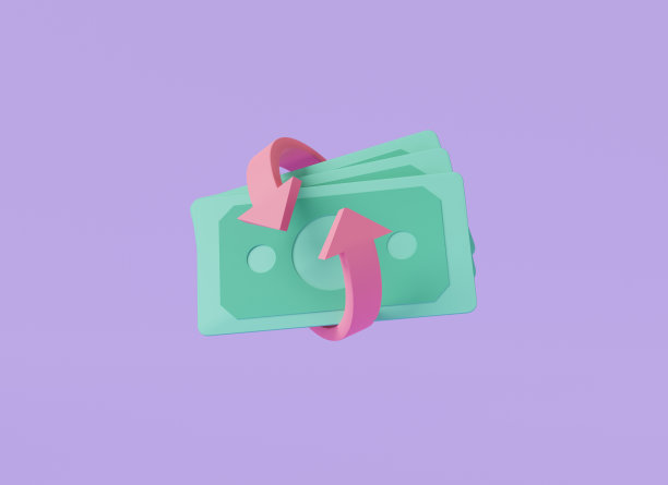 3D图标返现退款图标概念隔离在紫色背景上。网上支付，转账，美钞，钞票，理财，投资。3d图标渲染插图。卡通最小图片下载