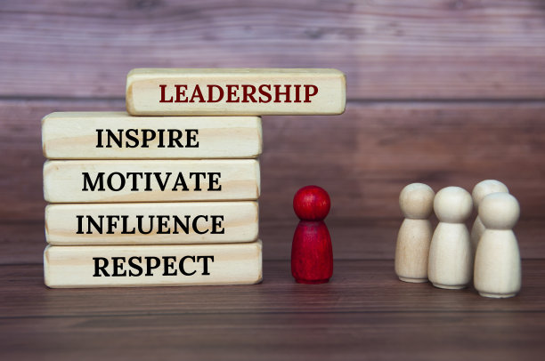 领导理念-领导，激励，激励，影响和尊重文字在木块与红白木人木制封面。图片下载