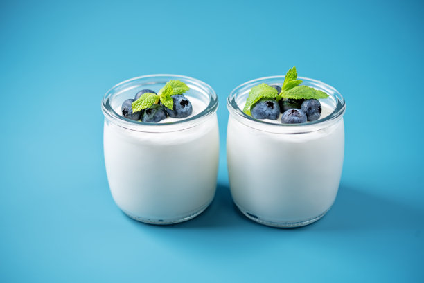 希腊酸奶蓝莓冻，新鲜浆果和薄荷叶图片下载