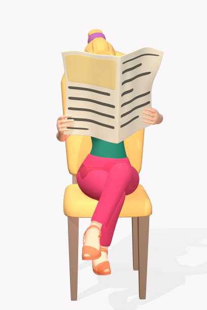 穿粉色衣服的女孩坐在椅子上看报纸，孤立无援。阅读新闻3d渲染图片下载