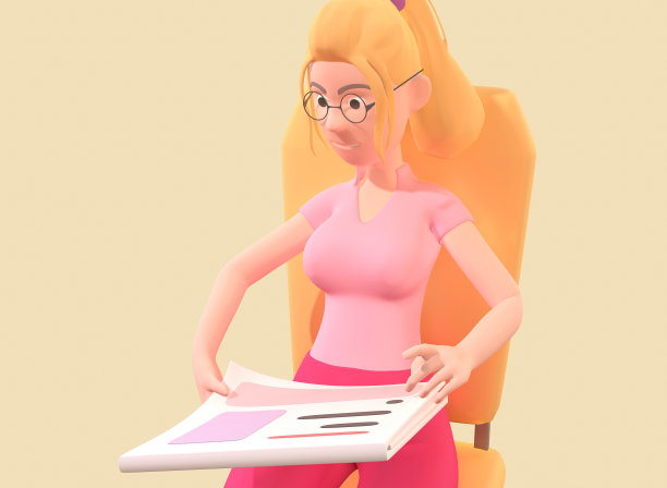 穿粉色衣服的女孩坐在椅子上看报纸，孤立无援。阅读新闻3d渲染图片下载