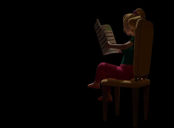 穿粉红色衣服的女孩坐在椅子上看报纸，孤立的黑色。阅读新闻3d渲染图片下载