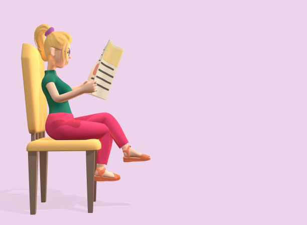 穿粉色衣服的女孩坐在椅子上看报纸，孤立无援。阅读新闻3d渲染图片下载