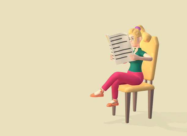 穿粉色衣服的女孩坐在椅子上看报纸，孤立无援。阅读新闻3d渲染图片下载