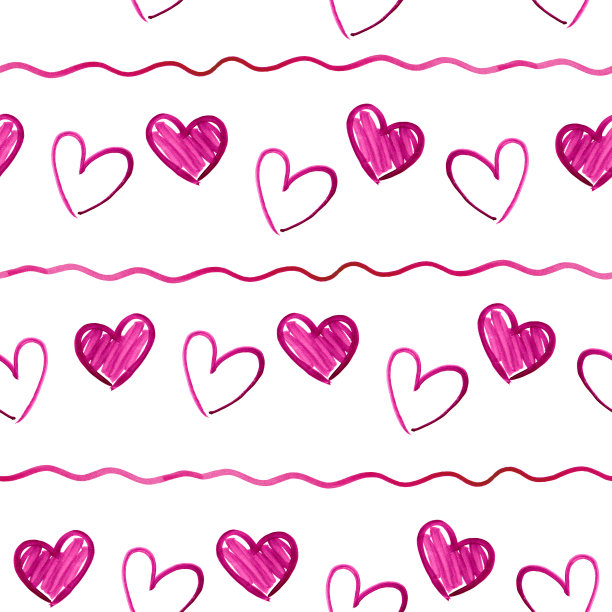 水彩画红色，粉色，紫色的心形套装。情人节快乐 无缝的纹理与有趣的水彩心脏图片下载