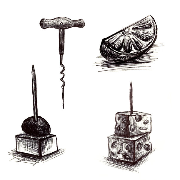 线条绘制元素的零食和开瓶器。铅笔画在白色的背景上。图片下载