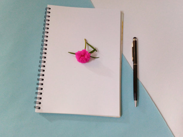 大马齿苋、黑色钢笔和桌上的空笔记本从上方拍摄。俯视图，平面布局，复制空间。图片下载