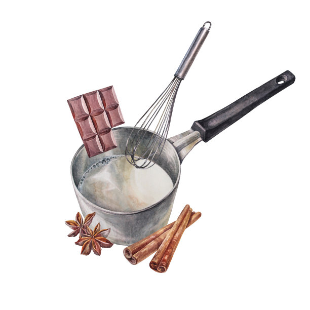 水彩平底锅与牛奶煮热巧克力孤立在白色背景。调味和搅拌。手绘的食物锅。可可饮料的厨具。剪贴画烹饪书，包装图片下载