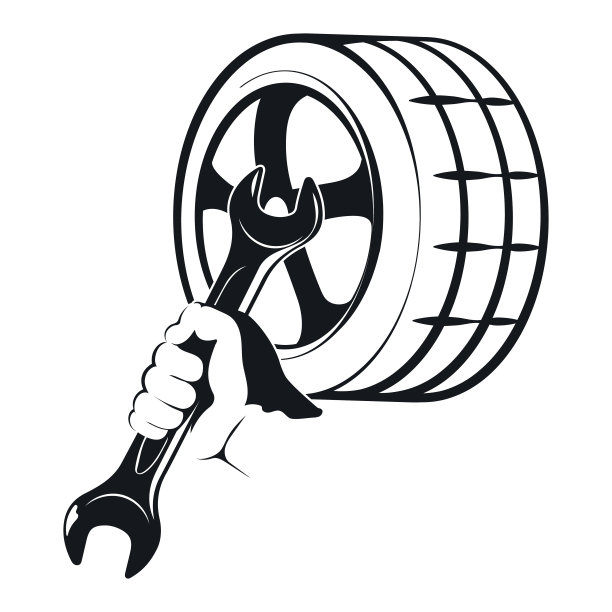 机械师手里的轮胎轮和扳手。维修和服务汽车标牌图片下载