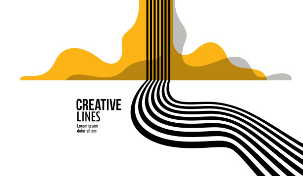 3D黑白线透视与黄色元素抽象矢量背景，线性透视插图op艺术，道路到地平线。图片下载