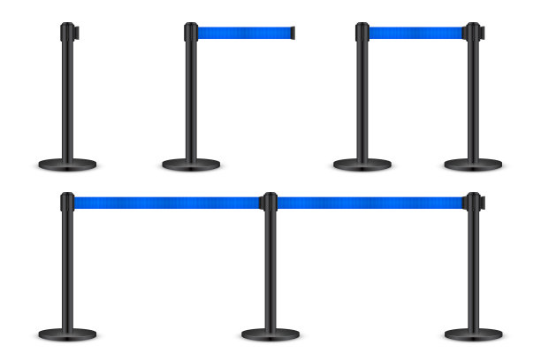 现实的蓝色可伸缩皮带支柱。人群控制隔离带。队列。限制边界和危险胶带。注意，警告标志。矢量图图片下载