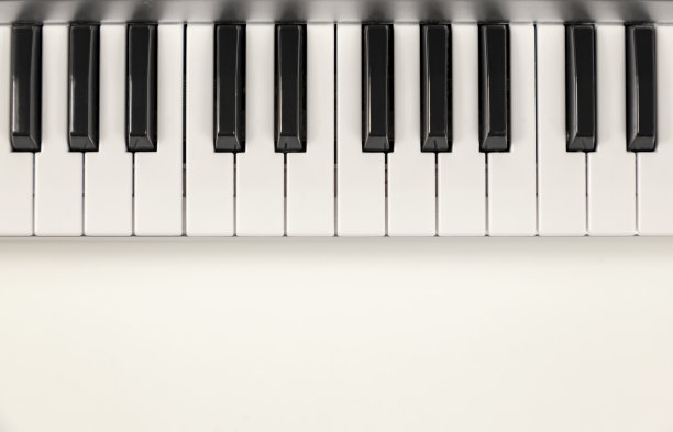 黑白合成器键，俯视图。现场音乐概念。图片下载