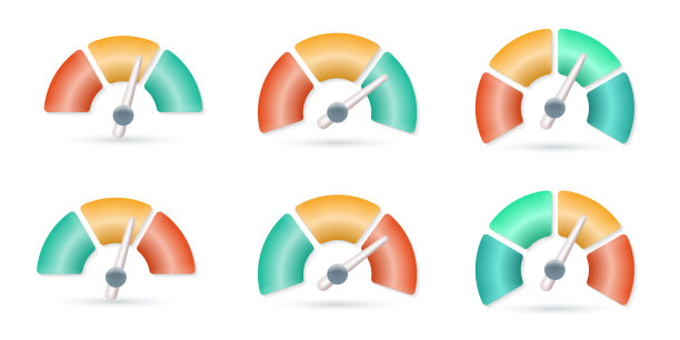 速度计3d图标集。轨距表、速度指示牌。信用评分，风险量表设计。矢量插图。图片下载